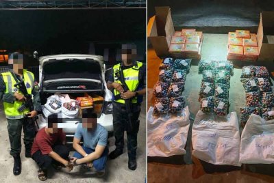 Dua lelaki tidak sempat mengaut keuntungan daripada hasil jualan mercun selepas mereka ditahan oleh Batalion 8 Pasukan Gerakan Am (PGA) Pengkalan Chepa di sekatan jalan raya (SJR) Chabang Empat Salam, Rantau Panjang pada Khamis. - Foto: PGA