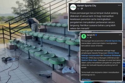 Kerja-kerja pemasangan kerusi berkenaan sedang giat dilaksanakan. Foto: Facebook Kerteh Sports City