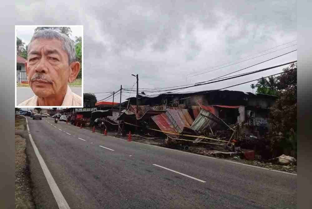 Sinar Harian sebelum ini melaporkan, kebakaran tiga premis berhampiran sebuah pam minyak di pekan Pasir Besar itu turut memusnahkan tiga buah motosikal. Gambar kecil: Ghazali
