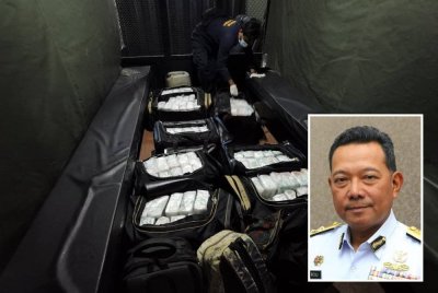 Rosli (gambar kecil) menyatakan rampasan penyeludupan dadah yang berjaya dipatahkan Maritim Malaysia semasa melakukan tugasan rondaan di sepanjang perairan negara. Foto Maritim Malaysia