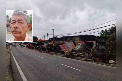 Sinar Harian sebelum ini melaporkan, kebakaran tiga premis berhampiran sebuah pam minyak di pekan Pasir Besar itu turut memusnahkan tiga buah motosikal. Gambar kecil: Ghazali