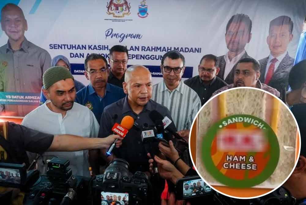 Datuk Armizan Mohd Ali ketika ditemui selepas menyempurnakan Program Sentuhan Kasih, Jualan Rahmah Madani dan Advokasi Kepenggunaan di Bandar Ramai-Ramai pada Ahad. Gambar kecil: Sandwich 'ham, cheese'