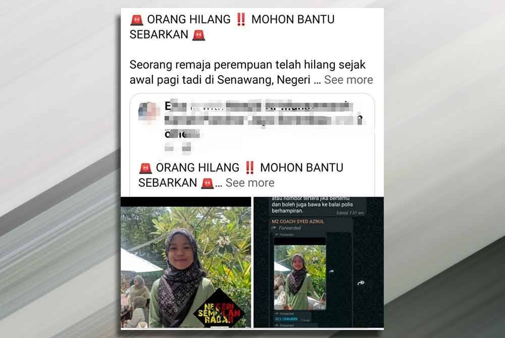 Kehilangan Nur Damia ditularkan di media sosial.