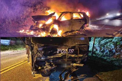 
Kereta dipandu oleh seorang lelaki terbakar 90 peratus setelah bertembung dengan sebuah lori polis di Jalan Bukit Cerakah, Klang, Selangor pada Isnin. Foto JBPM.