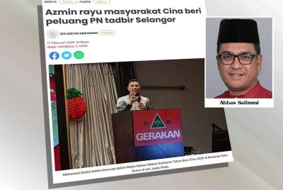 Laporan Sinar Harian mengenai Azmin yang merayu agar masyarakat Cina memberi peluang kepada PN untuk tadbir Selangor.