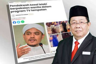 Laporan Sinar Harian mengenai pendakwah kesal lelaki berpakaian wanita dalam program TV tempatan.