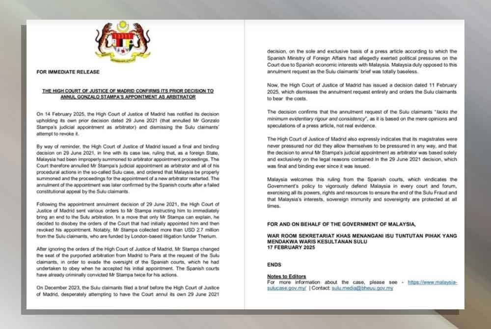 Mahkamah Tinggi Keadilan Madrid telah mengekalkan keputusannya pada 2021 untuk membatalkan pelantikan kehakiman Gonzalo Stampa sebagai penimbang tara dalam kes Sulu selepas menolak percubaan pihak tuntutan kumpulan Sulu untuk membatalkannya.