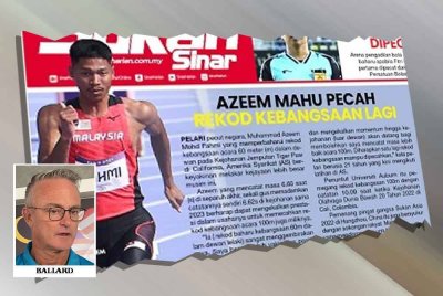 Laporan Sukan Sinar pada Isnin mengenai Muhammad Azeem yang mahu memperbaharui rekod kebangsaan.