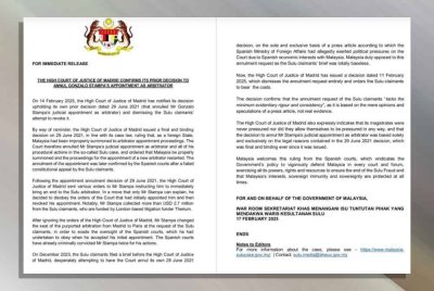 Mahkamah Tinggi Keadilan Madrid telah mengekalkan keputusannya pada 2021 untuk membatalkan pelantikan kehakiman Gonzalo Stampa sebagai penimbang tara dalam kes Sulu selepas menolak percubaan pihak tuntutan kumpulan Sulu untuk membatalkannya.