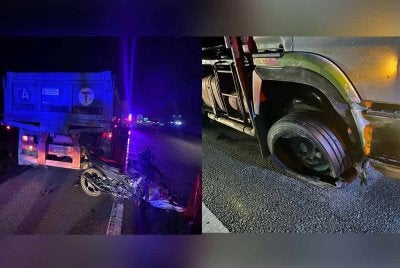 Keadaan motosikal yang merempuh lori berkenaan dalam kemalangan di Kilometer 24.6 Lebuhraya Utara-Selatan (arah utara), di sini pada Isnin.. - Foto: IPD Kulai