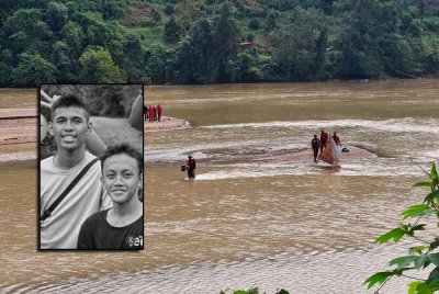Lokasi Muhammad Nazrin Haidar dan Muhammad Naufal Aiman yang dikhuatiri dibawa arus ketika cuba mengambil bola yang jatuh ke dalam sungai. Gambar kecil: Muhammad Naufal Aiman (kiri) dan Muhammad Nazrin Haidar