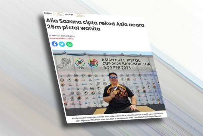 Laporan Sinar Harian mengenai kejayaan penembak negara, Alia Sazana yang mencipta rekod Asia acara 25m pistol wanita di Kejohanan Rifle/Pistol Piala Asia 2025, di Bangkok baru-baru ini.