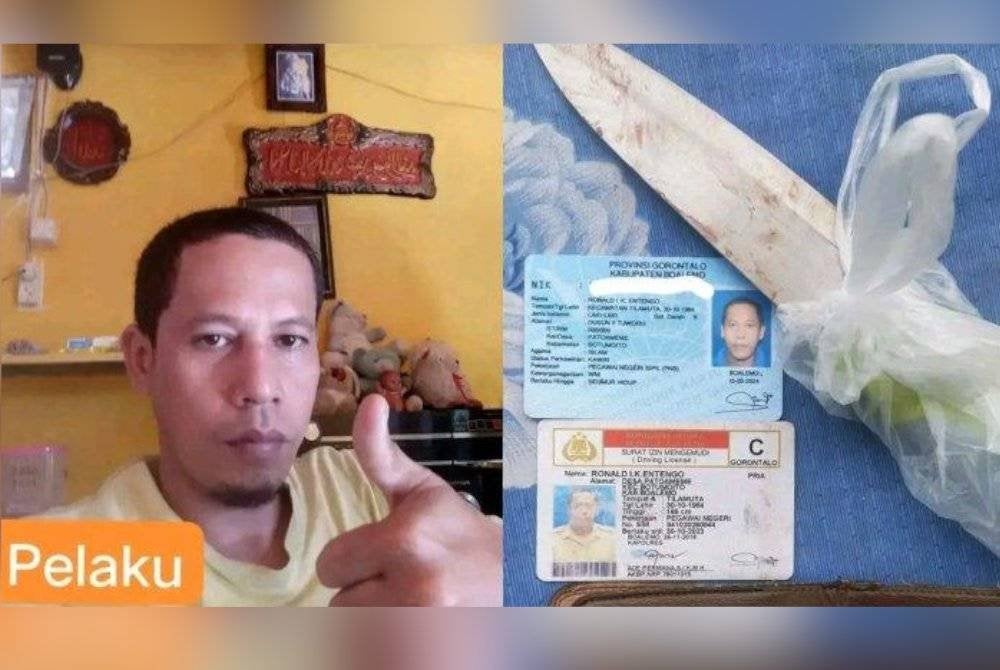 Pelaku, Onal dan pisau yang digunakan untuk menikam isterinya. Foto Agensi