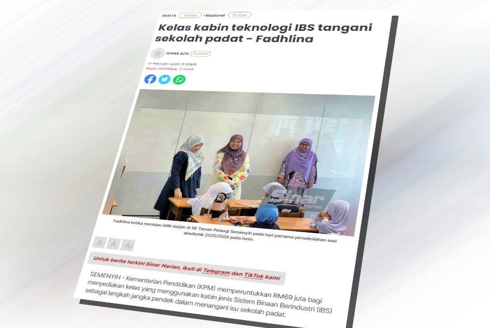 KPM memperuntukkan RM69 juta bagi menyediakan kelas kabin jenis IBS sebagai langkah jangka pendek dalam menangani isu sekolah padat.