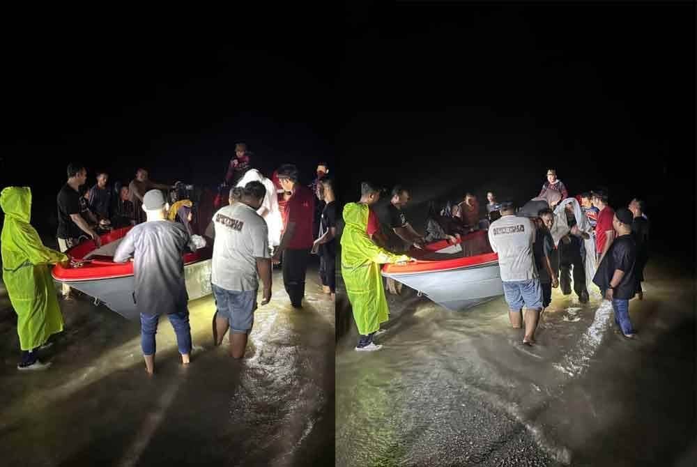 Nelayan yang berjaya diselamatkan selepas bot mereka naiki karam dibawa ke darat oleh pasukan bomba dan penduduk kampung.