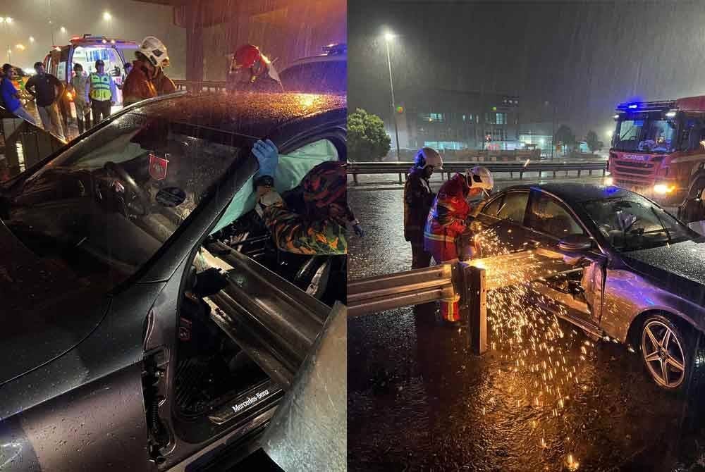 Anggota bomba menjalankan kerja-kerja mengeluarkan mangsa yang cedera dalam kemalangan di Bukit Puchong pada Selasa.