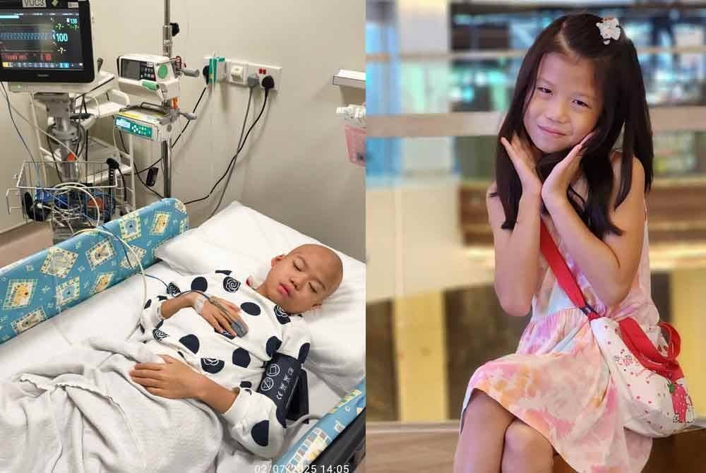 Gambar kiri; Keadaan Grace terkini yang memerlukan sumbangan orang ramai bagi menampung kos rawatan mencecah RM1.2 juta. Gambar kanan: Grace kelihatan ceria sebelum disahkan menghidap kanser darah.