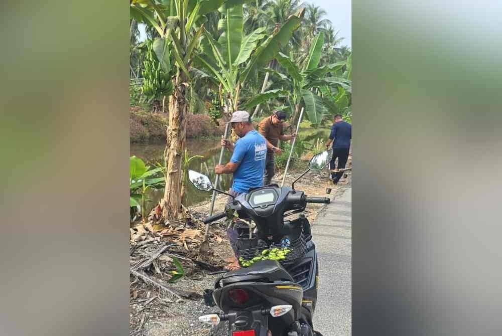 Beberapa penduduk sedang membersihkan kawasan yang menjadi lokasi penanaman pokok bunga di Kampung Sungai Haji Mohammad.