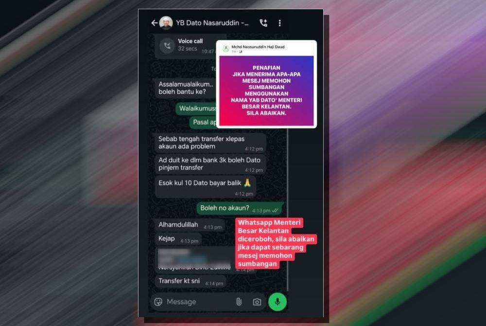 Tangkap layar perbualan 'Menteri Besar' yang meminta wang untuk sumbangan.