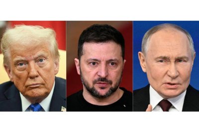 Dari kiri: Donald Trump, Volodymyr Zelenskyy dan Vladimir Putin.