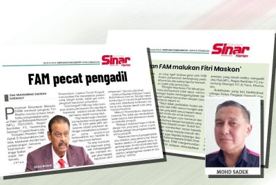 Laporan Sukan Sinar pada Isnin berhubung pemecatan pengadil, Fitri Maskon. (Gambar kecil: Mohd Sadek)