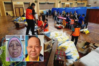 Keadaan di PPS Dewan D'Sury Jelebu yang dibuka bagi menempatkan mangsa banjir. (Foto APM Jelebu) Gambar kecil dari kiri: Zaidah dan Rahmat