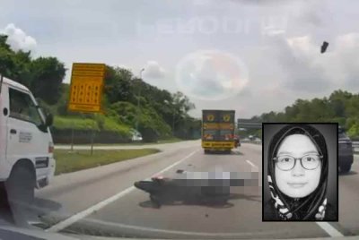 Tangkap layar video tular memaparkan motosikal mangsa melanggar belakang sebuah lori yang berhenti di lorong kecemasan di Lebuhraya Kajang-Silk, Selangor pada Selasa. Gambar kecil: Nurul Ilham