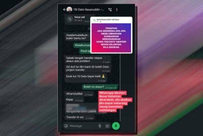 Tangkap layar perbualan 'Menteri Besar' yang meminta wang untuk sumbangan.