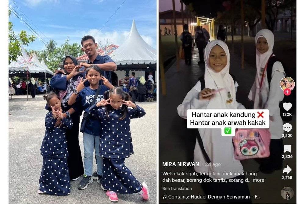 Pasangan OKU ini cekal membesarkan tiga anak saudara sejak tiga tahun lalu. (Foto kanan, hantaran di TikTok Mira Nirawani memaparkan dirinya menghantar dua anak saudara perempuan ke sekolah pada hari pertama sesi akademik menarik perhatian warga maya.