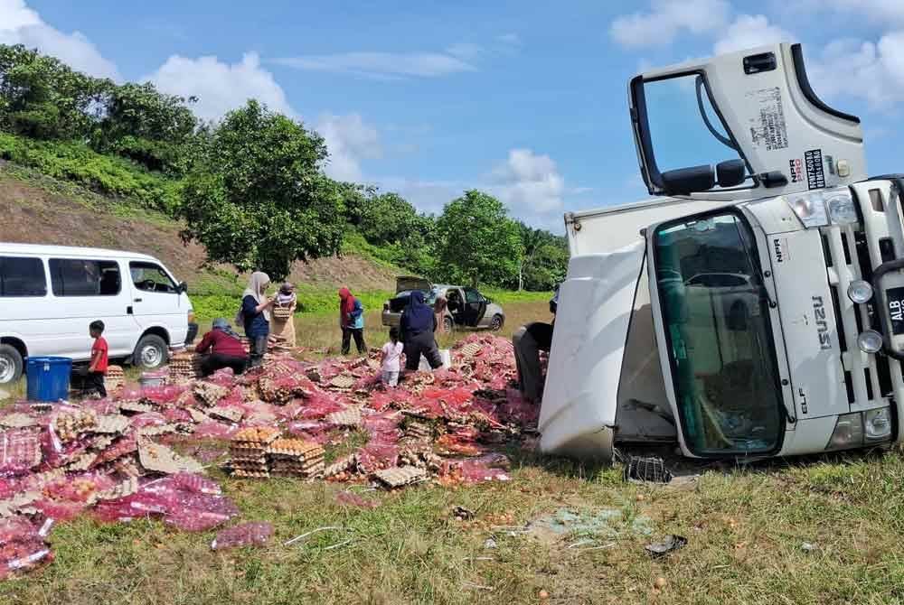 Lebih 70,000 biji telur ayam yang bertaburan selepas lori membawa muatan itu terbalik dalam kemalangan di Kemaman pada Rabu