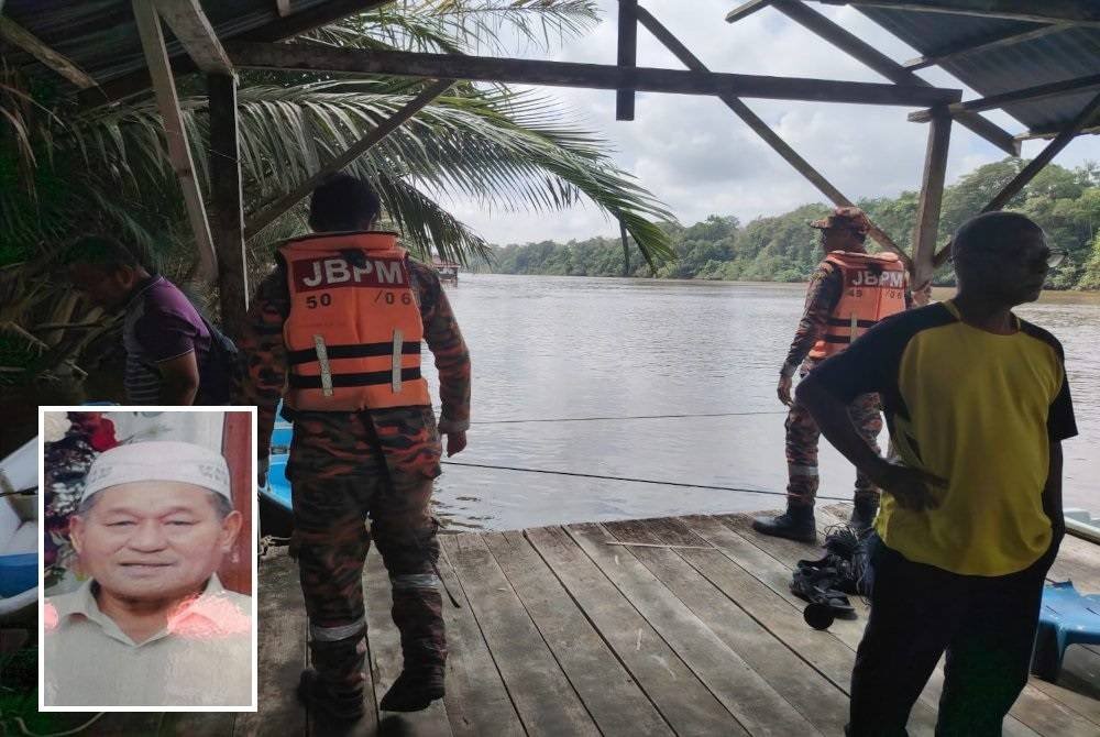 Anggota bomba berada di lokasi kejadian untuk operasi SAR lelaki warga emas yang hilang dikhuatiri terjatuh ke dalam sungai Kampung Menchali, Kuala Rompin pada awal pagi Khamis. Foto JBPM Pahang (Gambar kecil: Saari Awang)