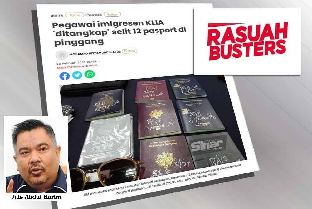 Laporan Sinar Harian berhubung seorang pegawai imigresen didakwa menyimpan 12 pasport asing di pinggang seluarnya ketika tertidur di tempat kerja dan ia disyaki mempunyai unsur rasuah