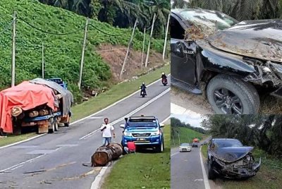 Kemalangan membabitkan pacuan empat roda dinaiki pasangan suami isteri yang rosak akibat dihempap kayu balak dalam kejadian di Sungai Udin, Jalan Merotai-Kalabakan, Tawau.