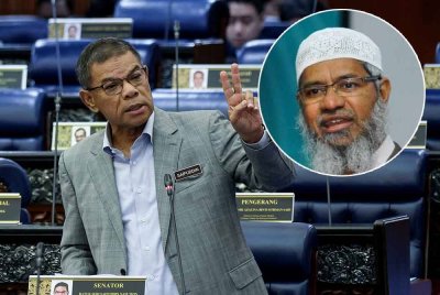 Saifuddin memberi penerangan berkaitan Akta Kesalahan Keselamatan (Langkah-Langkah Khas) 2012 (SOSMA) pada Mesyuarat Pertama Penggal Keempat Parlimen ke-15 di Dewan Rakyat pada Rabu. FOTO: BERNAMA. Gambar kecil: Dr Zakir Naik 