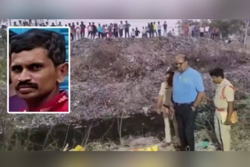 Mangsa (gambar keci) dan pihak polis berada di lokasi kejadian mayat lelaki dikerat dan dibuang dalam terusan di daerah Prakasam, Andhra Pradesh. Foto Agensi