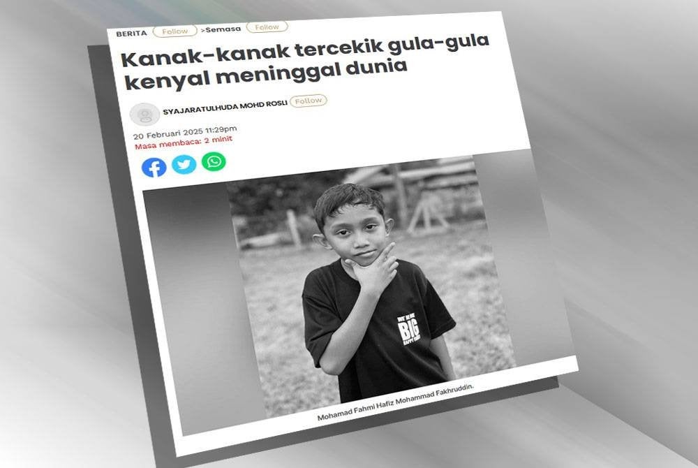 Laporan Sinar Harian mengenai seorang kanak-kanak meninggal dunia akibat tercekik gula-gula kenyal.