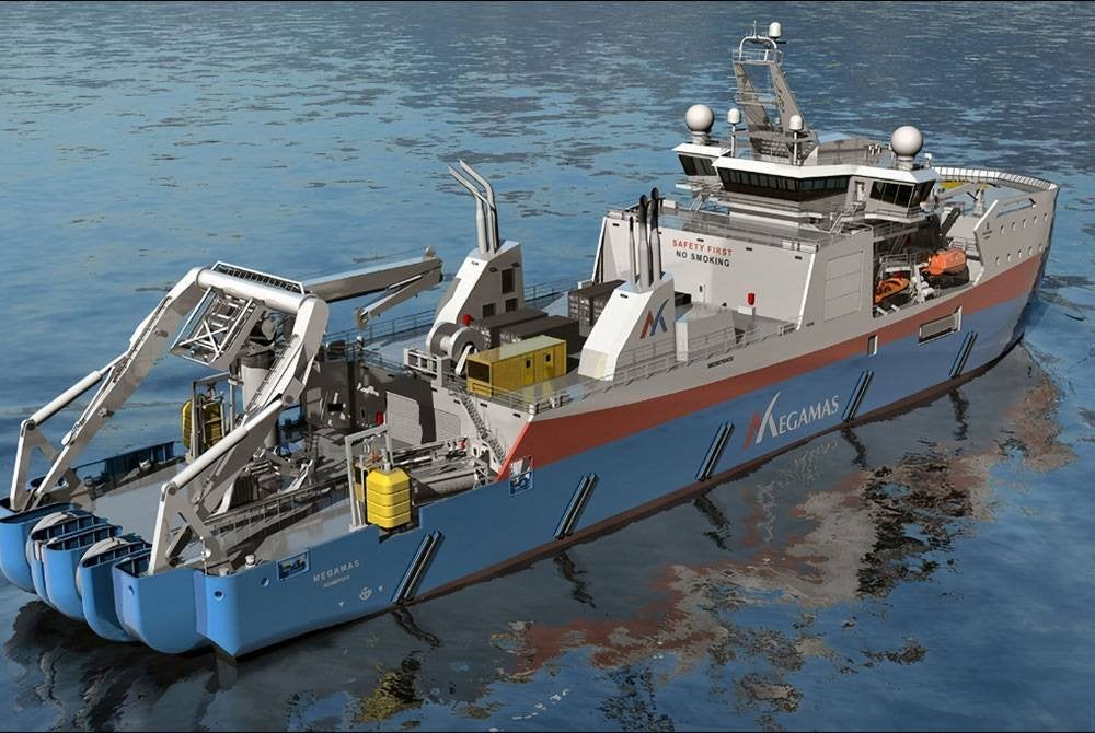 Ilustrasi artis kapal gentian optik dan kabel kuasa Megamas yang canggih direka untuk pemasangan dan penyelenggaraan kabel dasar laut teknologi terkini.