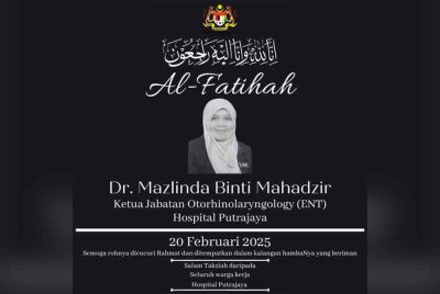 Ketua Jabatan ENT Hospital Putrajaya, Dr Mazlinda Mahadzir meninggal dunia.