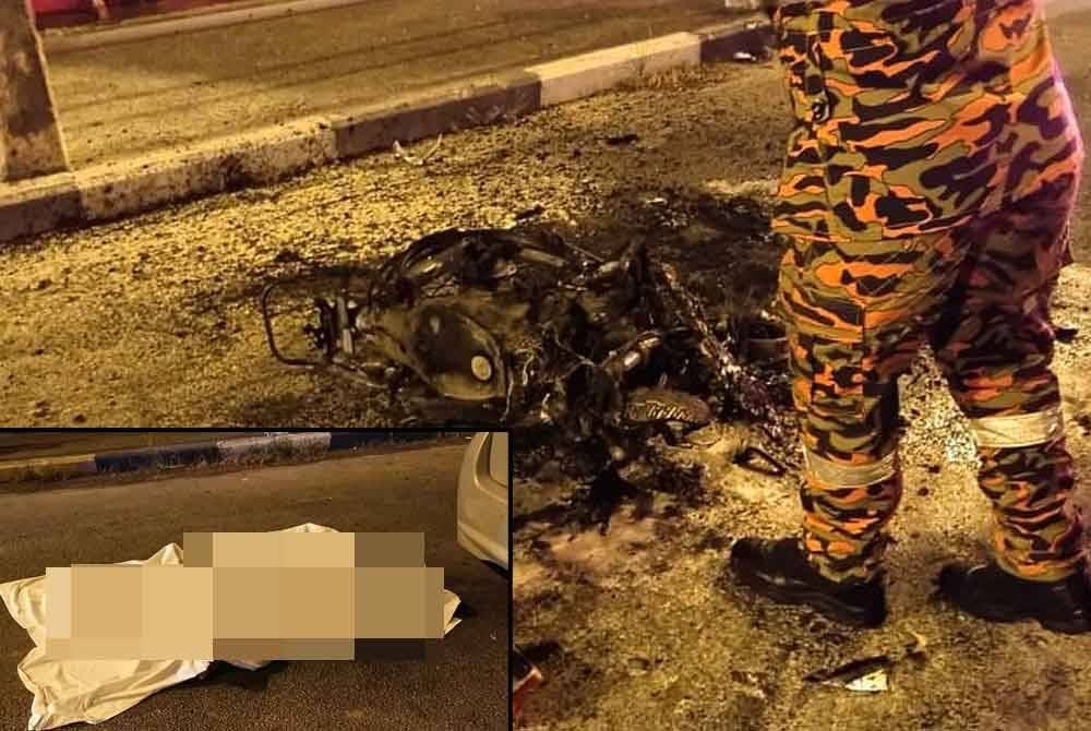 Kebakaran telah berlaku melibatkan sebuah motosikal yang dipercayai berpunca daripada kemalangan jalan raya dengan kereta jenis Perodua Viva.