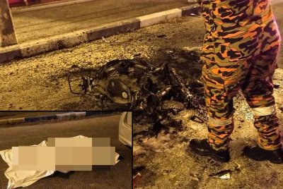 Kebakaran telah berlaku melibatkan sebuah motosikal yang dipercayai berpunca daripada kemalangan jalan raya dengan kereta jenis Perodua Viva.