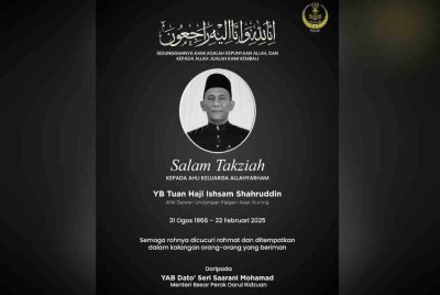 Saarani menzahirkan ucapan takziah kepada keluarga Ishsam menerusi akaun Facebooknya pada Sabtu. - Foto FB Saarani Mohamad.
