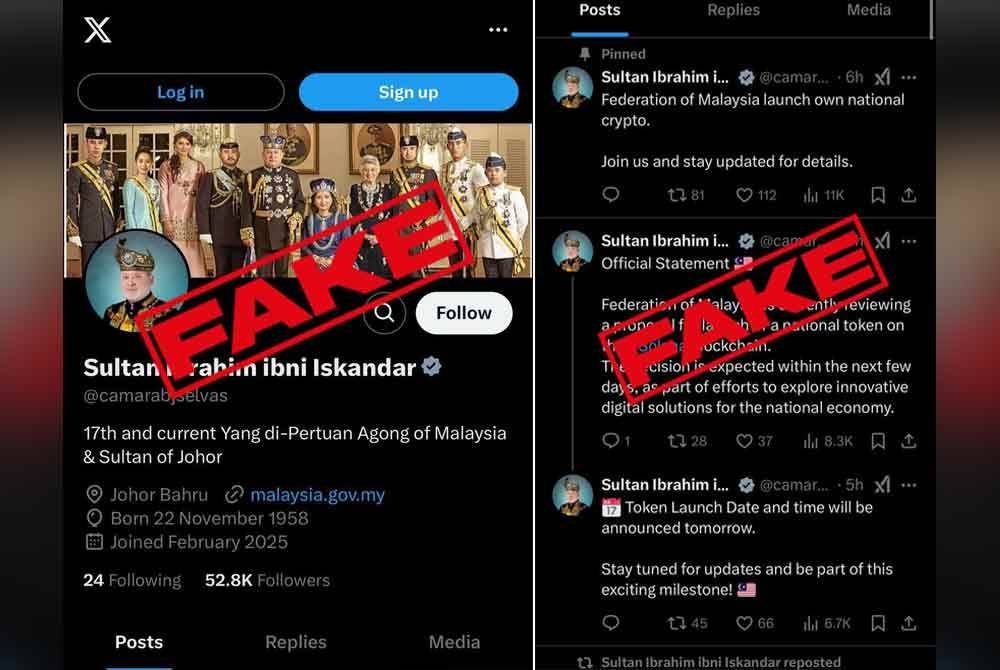 Akaun media sosial palsu yang menyamar sebagai Sultan Ibrahim dan menggunakan gambar Keluarga Diraja Johor tanpa kebenaran.