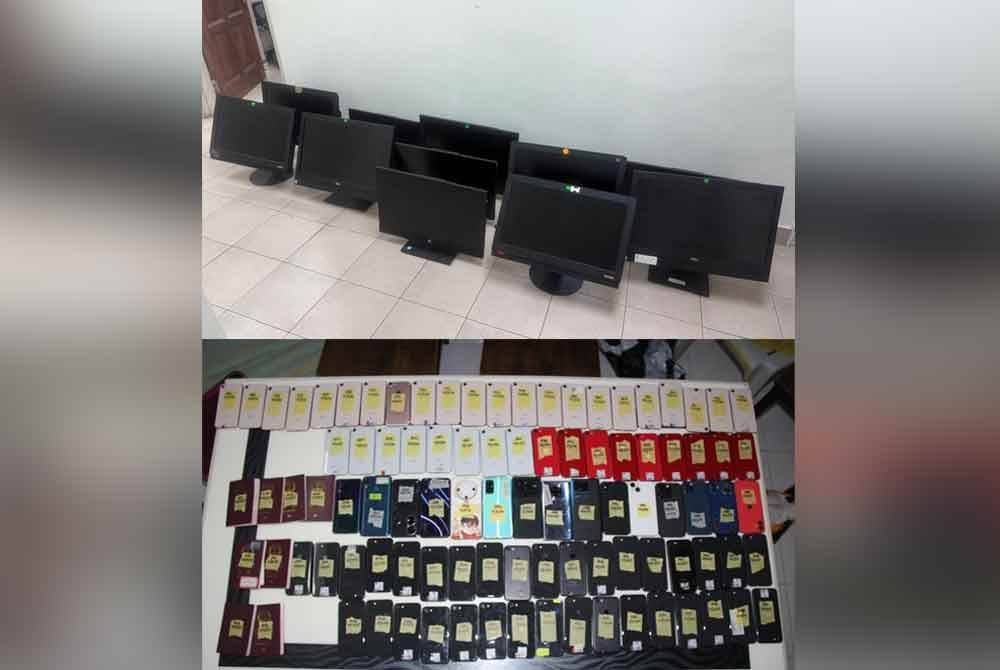 Polis turut merampas 12 komputer riba, enam modem WiFi dan 88 telefon bimbit pelbagai jenis yang dianggarkan bernilai RM80,000. - Foto: Polis Perak