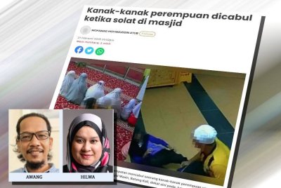 Sinar Harian melaporkan seorang lelaki disyaki mencabul seorang kanak-kanak perempuan yang sedang solat di sebuah masjid di Batang Kali, pada Jumaat. Gambar kecil: Awang dan Hilwa