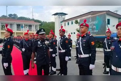 M Kumar memeriksa kawalan kehormatan pada Majlis Memperingati Peristiwa Bukit Kepong di Galeri Darurat Bukit Kepong, Muar pada Ahad.