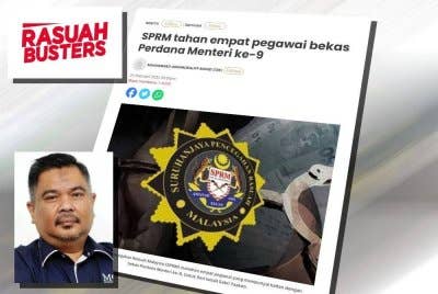Laporan Sinar Harian berhubung penahanan empat pegawai bekas Perdana Menteri ke-9 oleh SPRM. (Gambar kecil: Jais)