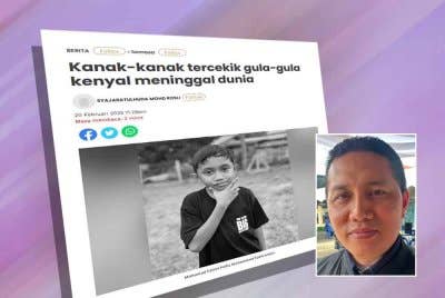 Laporan Sinar Harian mengenai kanak-kanak tercekik gula-gula kenyal meninggal dunia. Gambar kecil: Noor Hariri 