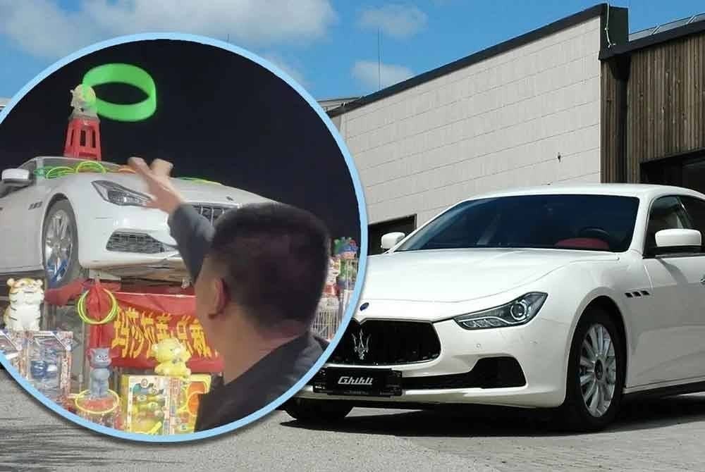 Lelaki bernama Wang berjaya membawa pulang hadiah sebuah kereta mewah Maserati bernilai lebih RM1 juta selepas bermain lontar gelung di sebuah pasar malam di China. Foto Agensi
