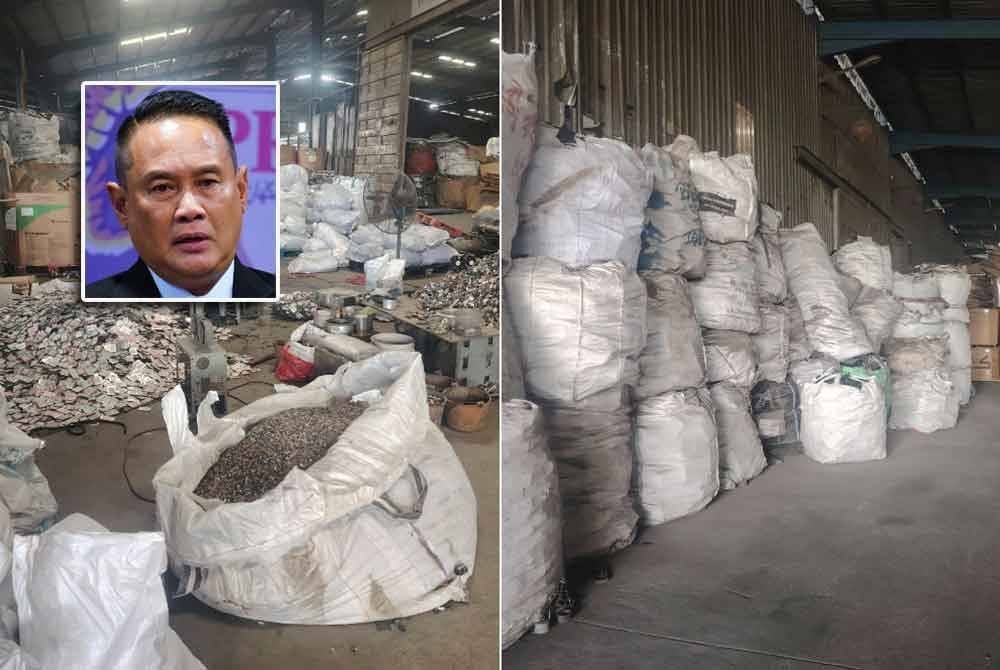 Antara guni disyaki berisi bahan e-waste yang ditemui di kilang sekitar Segamat, Johor pada Isnin. Gambar kecil: Ahmad Khusairi