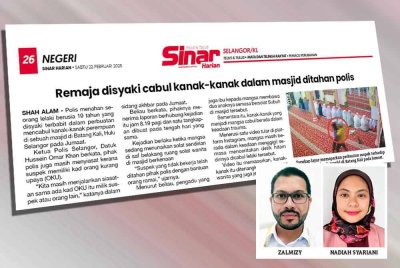 Laporan Sinar Harian mengenai seorang lelaki mencabul kanak-kanak perempuan dalam masjid baru-baru ini.